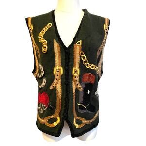VTG Lauren Hansen Equestrian Sweater Vest Sz Medium Horse Polo Bit Bridle 80s